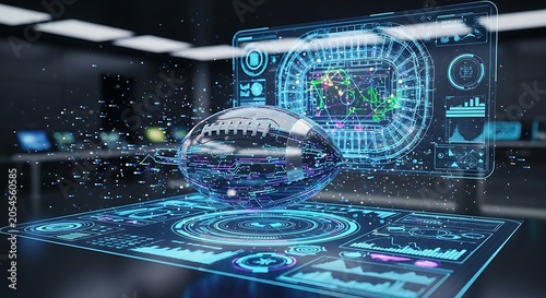 Futuristic digital football with holographic data analytics interface