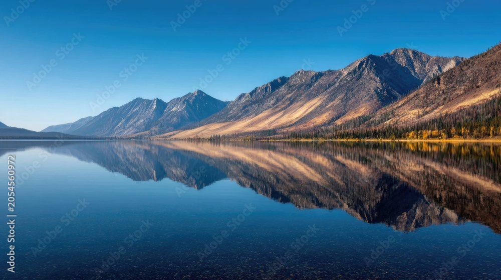 Fototapeta premium Majestic mountain range mirrored in calm, clear lake under a bright blue sky