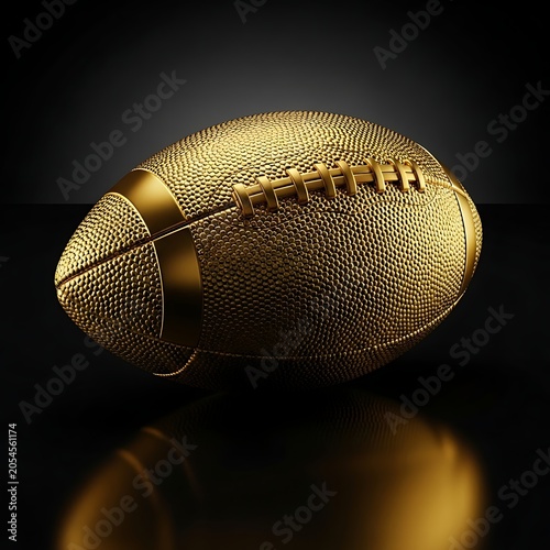 Luxury golden American football ball on a black reflective background