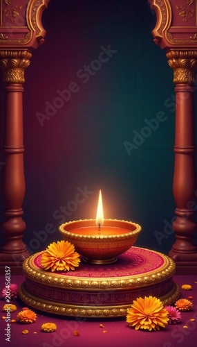 Golden diya & marigolds on ornate platform; festive Indian design , copy space, spiritual, gold