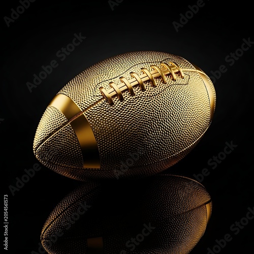 Golden American football ball isolated on a dark reflective surface