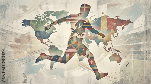 Runner silhouette made of colorful country flags on a world map background with a textured effect