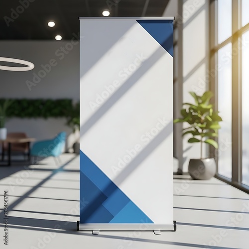 Professional roll up banner stand mockup in a bright modern office