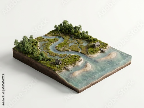 Isometric 3d model of a small green island with a river