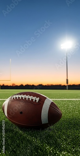 American football ball on stadium grass at sunset with bright lights