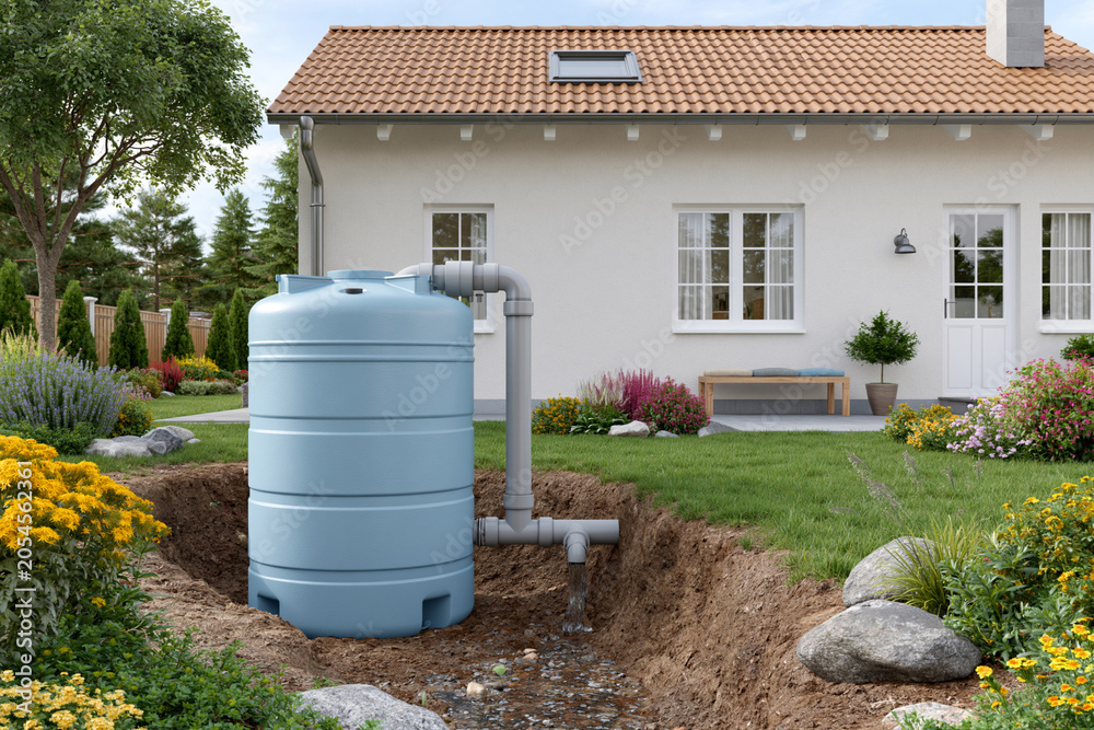 Obraz premium Light blue rain barrel sits near a garden. House with red tiles stands in background. Water flows from pipe to ground. Flowers and grass surround the barrel. Scene shows eco-friendly water collection