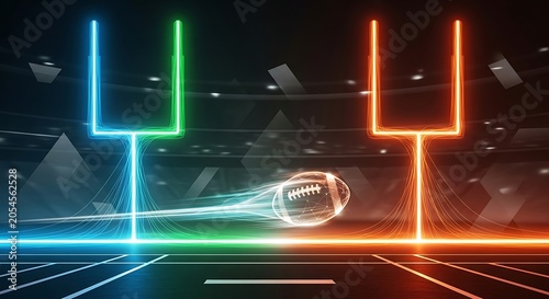 Digital american football flying through neon goal posts in stadium