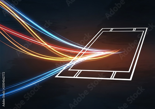 Abstract light trails moving towards a glowing rectangle frame