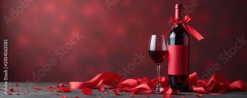 Elegant red ribboned wine bottle, Valentine's Day , background, love