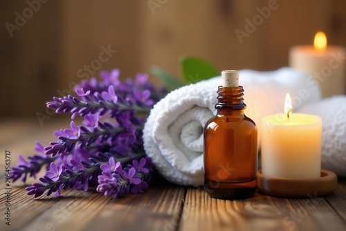 Lavender oil, white towel, candle, wood Tranquil spa scene , texture, health, oil