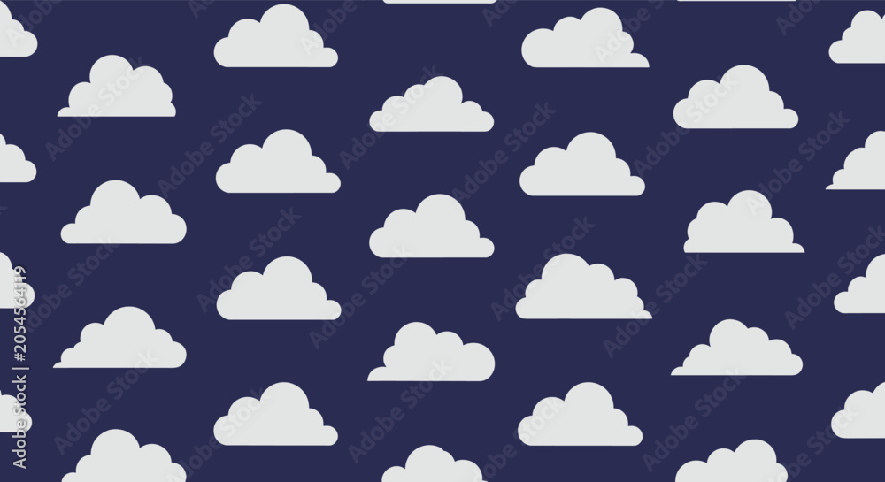Fototapeta premium Simple seamless pattern of fluffy white cloud icons arranged in rows against a solid dark blue sky background for design.