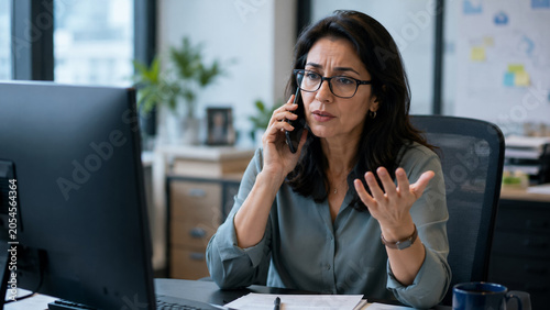 Concerned businesswoman talking on the phone at her office desk while reviewing work issues, handling customer inquiries and solving problems.