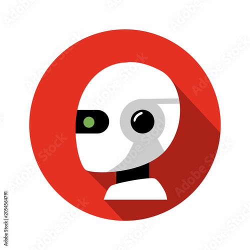 Robotic Icon - Futuristic robot face with glowing green eye and minimalist design on red circular background