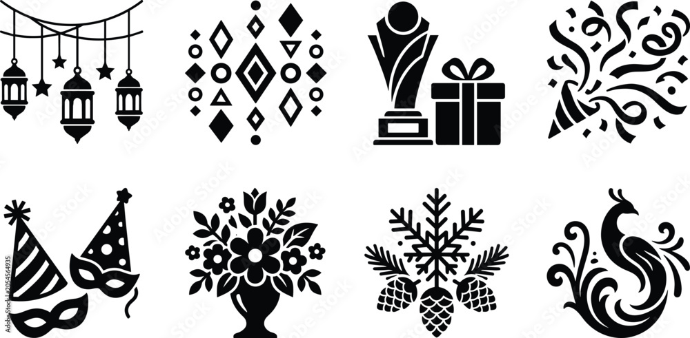 Fototapeta premium Decorative Celebration and Holiday Icon Collection with Lantern Trophy Floral and Festive Elements