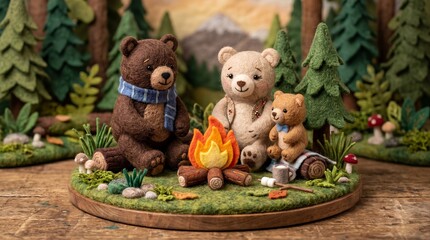 Macro shot of needle felted teddy bear family with scarf and vest around campfire in front of snow mountains diorama photo representing autumn camping childhood wonder and family bond