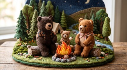 Macro shot of needle felted teddy bear family sitting on logs roasting marshmallow around campfire craft diorama photo representing cozy camping outdoor storytelling and childhood imagination