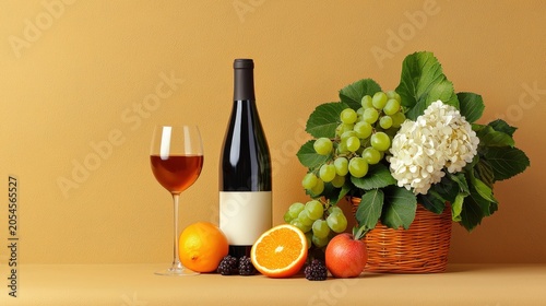 Wine, fruits, and flowers arrangement on a warm background for elegant occasions