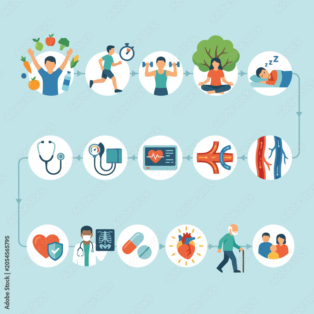 Fototapeta premium Infographic showing steps for healthy living and medical care