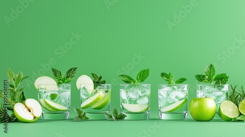 Refreshing Green Drink with Apple Slices and Mint Leaves on Vibrant Green Background