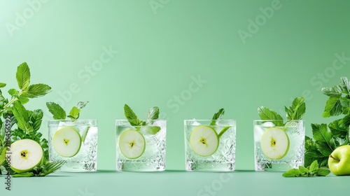 Refreshing Apple Mint Drinks in Crystal Glasses with Green Background and Fresh Ingredients