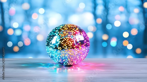 Colorful disco ball on wooden surface with blurred festive background lights