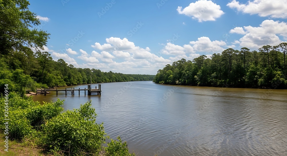 Fototapeta premium Scenic river view with lush green trees and a clear blue sky on a sunny day
