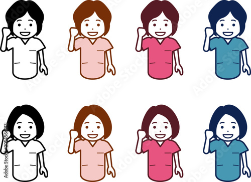 [髪型・色違い] がんばります！こぶしを握る女性看護師のアイコン。その2