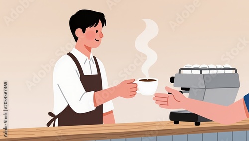 Barista handing over a fresh hot coffee cup to a customer at the cafe counter