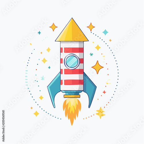 Cartoon Rocket Ship Launching with Stars