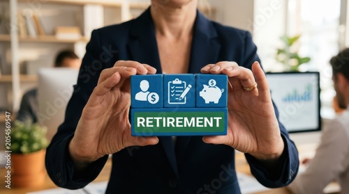 Retirement planning concept woman holding cubes with financial icons and 'retirement' text