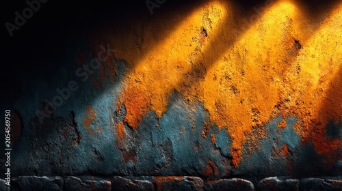 Textured wall shows color contrast, featuring rust and blue, with dramatic spotlight beams across it