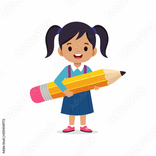 Young Girl Holding a Giant Yellow Pencil