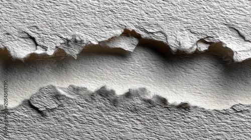 Textured, torn paper reveals a soft, shadowed cavity. White, abstract art evokes ruggedness