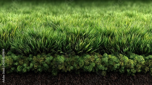 Close-up of green grass with dense growth, revealing soil and undergrowth in a textured composition