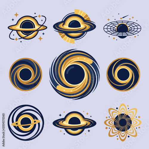 Fotografie A collection of various stylized black hole icons in space