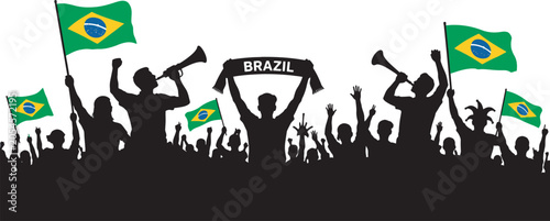 Brazil Football Fans Silhouette Crowd with National Flags Vector Illustration