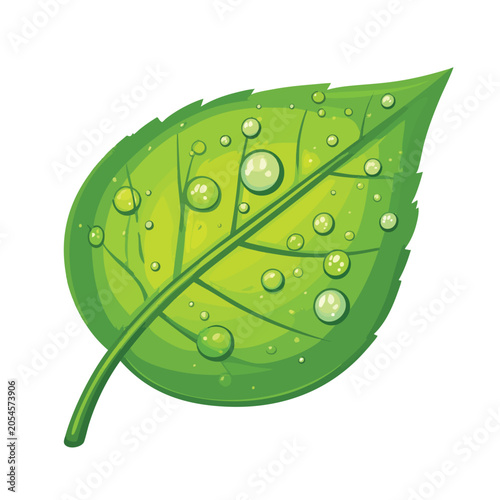 A vibrant green leaf decorated with fresh morning dew drops.