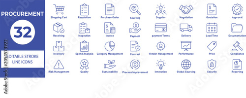 32 Procurement Vector Outline Icons Set – Editable Purchasing, Supply Chain, Vendor Management and Sourcing Line Symbols Collection