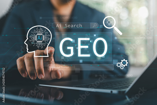 Digital marketing with GEO strategy and generative AI search interface, representing intelligent content optimization, prompt engineering, knowledge corpus, and AI-powered discovery.