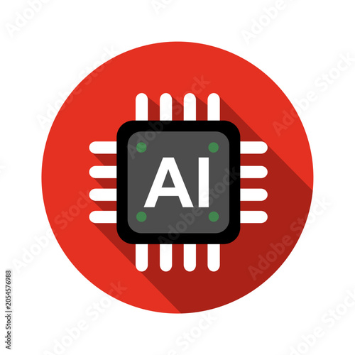 AI Chips Icon - Artificial intelligence chip on red circuit board background with glowing green lights