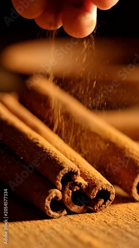 Hand sprinkling ground cinnamon over aromatic cinnamon sticks.