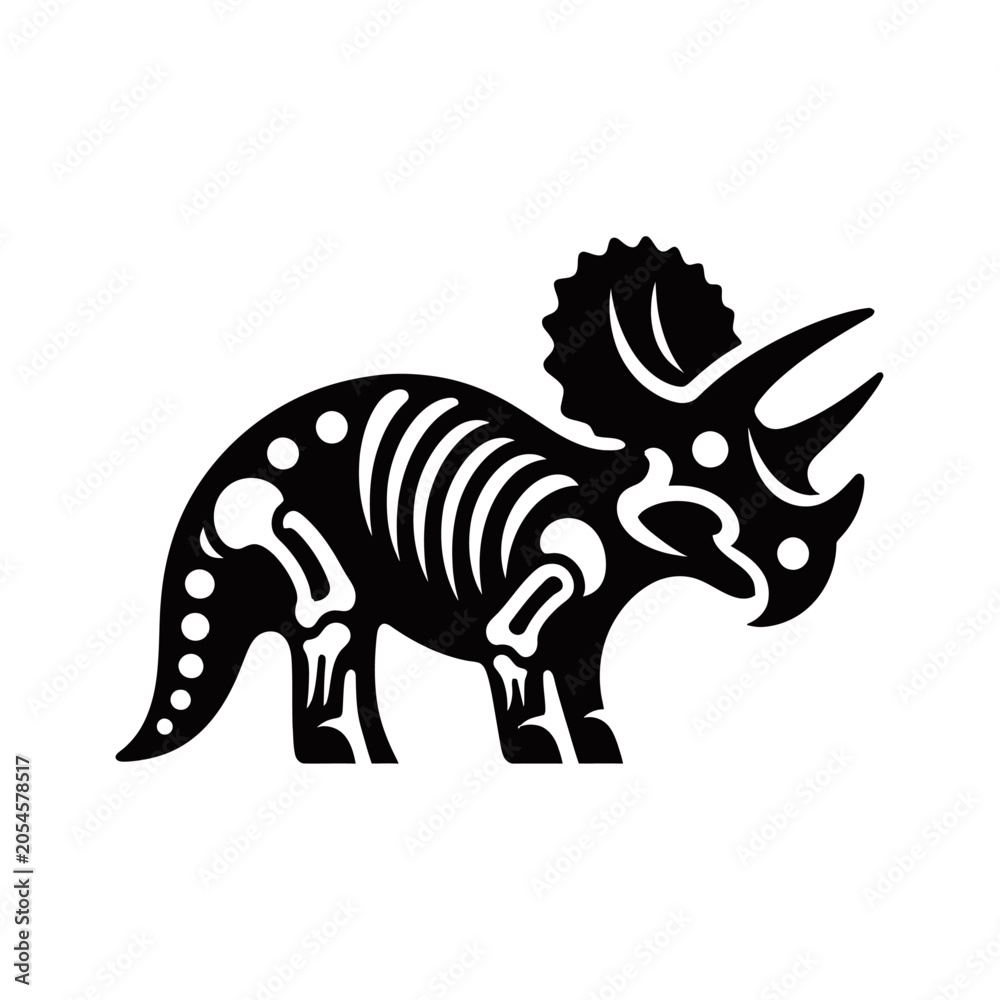 Fototapeta premium Stylized black and white illustration of a triceratops skeleton, highlighting its distinct bony structure and iconic features.