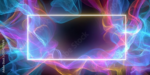 Rectangular frame of glowing light on backdrop of colorful flowing smoke or gas
