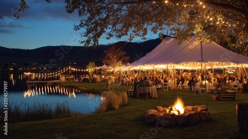 Illuminated outdoor event with tent, lake, fire pit, and starry sky