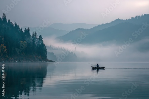 Serene misty morning, lone angler casts line on tranquil lake, forested mountains