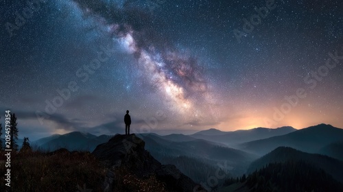 Solitary figure gazes at a vibrant Milky Way stretching across a mountainous landscape