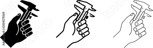 hand holding caliper measurement tool vector illustration showing solid silhouette outline and line art styles for engineering design