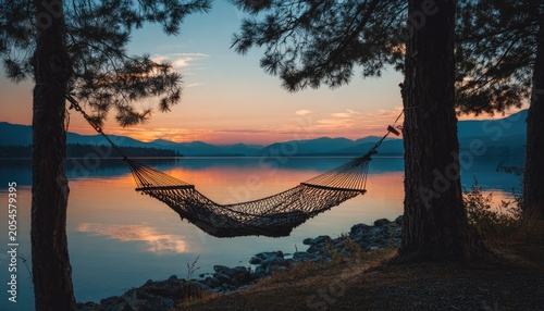 Serene lakeside hammock at sunset, framed by trees, reflecting sky