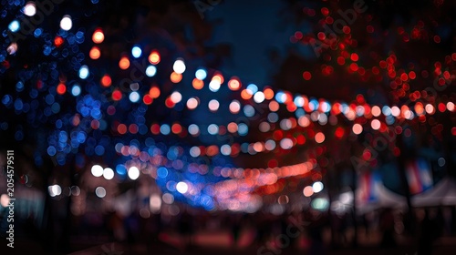 Twinkling red and blue lights strung across dark outdoor space at night