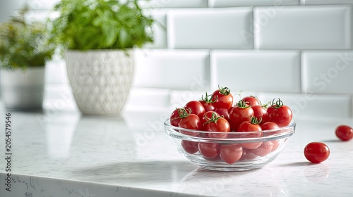 Fresh, vibrant cherry tomatoes glistening in a glass bowl on a clean kitchen counter